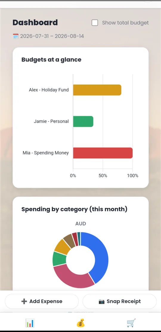 The TabiLog dashboard, showing each traveller's budget against its monthly limit and a breakdown of spending by category.