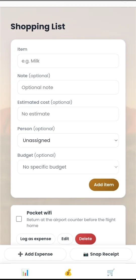 The Shopping List tab: a form for adding an item with an optional note, estimated cost, person and budget, above a checklist item with buttons to log it as an expense, edit it or delete it.