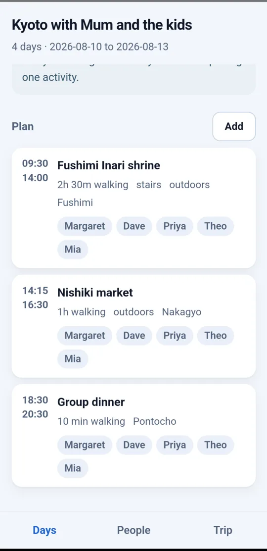 A day’s activities with times, walking load, stairs and outdoors tags, and who is attending each one.