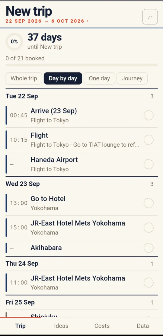 The day-by-day view: date headers each with an item count, and rows showing time, title, note and a booked-status ring.