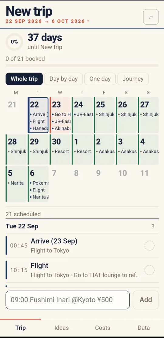 TabiPlanner's whole-trip view: a month grid where every trip day shows its items, above a countdown and a scheduled-item list.